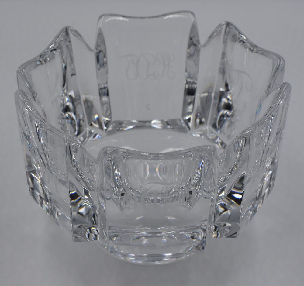 Vintage Lars Hellsten Orrefors Crystal Corona Bowl ea Panel Etched Initials HTD